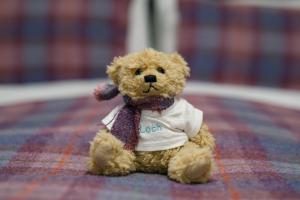 a stuffed teddy bear wearing a shirt and tie at Ceol na Mara Guest House in Tarbert