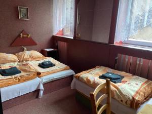 Pokój hotelowy z 2 łóżkami i lustrem w obiekcie Restaurant Motel Hana Barbara Gastro sro w mieście Ostřetín