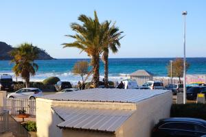 een uitzicht op een strand met palmbomen en de oceaan bij T3 tout confort PLAGE A 20 METRES in Saint-Cyr-sur-Mer