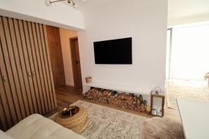 a living room with a fireplace with a tv above it at Björg Apartment & Sauna in Donovaly