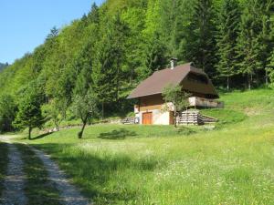 een hut in een veld naast een weg bij Chalet Brložnica pod Veliko planino in Luče