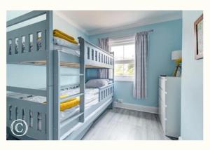 a bedroom with blue walls and a bunk bed at Charming 3-Bed Cottage in Swanage in Swanage