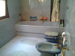 a bathroom with a blue toilet and a bath tub at B&BGalatina1 CIS in Galatina