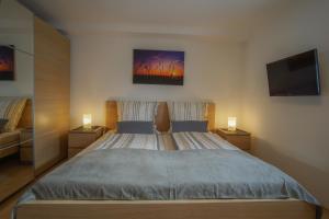 1 dormitorio con 1 cama grande con 2 lámparas y TV en Komfort-Apart Paula, en Merzig