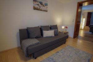 un sofá sentado en una sala de estar con una alfombra en Komfort-Apart Paula, en Merzig