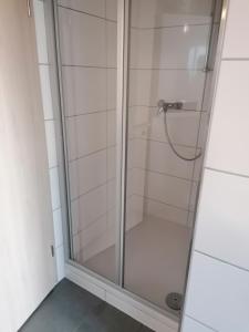 a shower with a glass door in a bathroom at Ferienwohnung Yara Rödental in Rödental