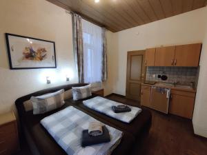ein kleines Zimmer mit 2 Betten und einer Küche in der Unterkunft Appartementhaus Savina in Weimar