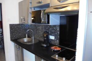 uma cozinha com um lavatório e um balcão com uma pizza em Cap d'Agde Naturist Héliopolis O 33 em Cap d'Agde