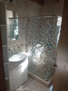 uma casa de banho com um chuveiro, um lavatório e um espelho. em Cabaña en Casa de Piedra em San Carlos de Bariloche