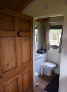 a bathroom with a toilet and a wooden door at Forton House Shepherd's Huts in Chard
