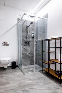 a bathroom with a glass shower with a toilet at Hotel Sønderborg Kaserne in Sønderborg