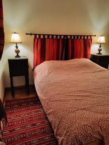 a bedroom with a bed and two lamps on tables at Entre Lac d'Annecy et montagnes, golf et parapente à pieds in Talloires +20 photos