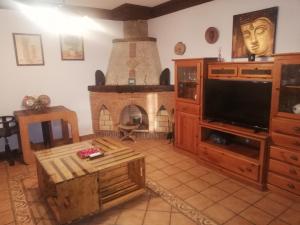 FINCA LOS CHATOS في كاديز: غرفة معيشة بها موقد وتلفزيون بشاشة مسطحة