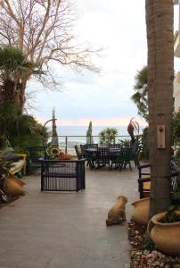 un patio con mesa, sillas y el océano en Boutique Apartment "Facing the Sea" en Haifa