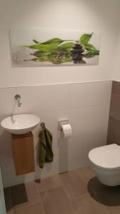 La salle de bains est pourvue de toilettes blanches et d'un lavabo. dans l'établissement Schickes Ferienappartement, à Lochau
