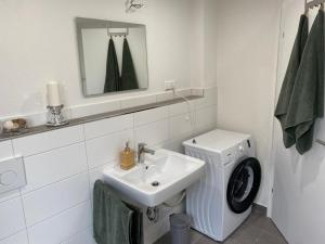 een badkamer met een wastafel en een wasmachine bij Rheingold in Kehl am Rhein