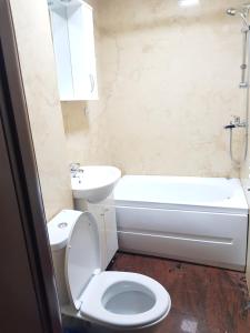 a bathroom with a toilet and a tub and a sink at Apartament Gomoiu Monza Arena Nationala in Bucharest