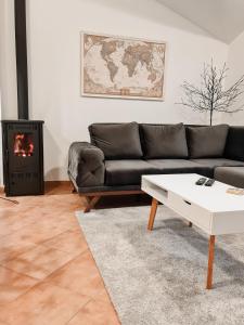 a living room with a couch and a fireplace at Village experience - Skadar lake in Virpazar