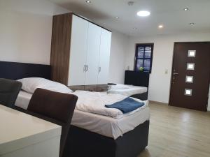 um quarto com 2 camas e um espelho em FMI33Deluxe Apartment em Haßloch