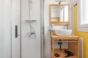 uma casa de banho com um lavatório e um chuveiro em Bel appartement avec garage sur l'île de Nantes em Nantes