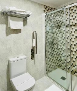 a bathroom with a toilet and a shower at Hotel Yerri in Estella