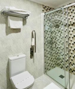 a bathroom with a toilet and a shower stall at Hotel Yerri in Estella
