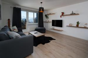 ein Wohnzimmer mit einem Sofa und einem TV in der Unterkunft Magnifique appartement proche du centre et du ski in Crans-Montana
