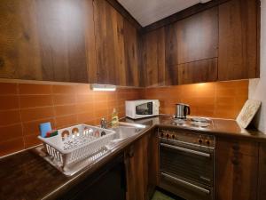 una cocina con fregadero y un estante de platos en la encimera en MOM - Alpine Boutique Apartments, Grindelwald gletscher, Eiger View Terrace Studio, en Grindelwald