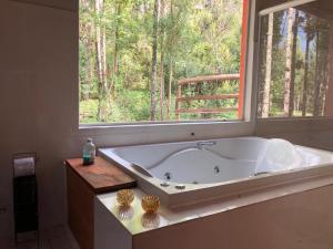 a large bath tub in a bathroom with a window at Pousada Chalés da Lua in Munhoz