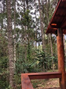 a wooden bench in a forest with trees at Pousada Chalés da Lua in Munhoz