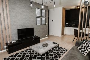 a living room with a couch and a flat screen tv at AH Mlynská Bašta II in Košice