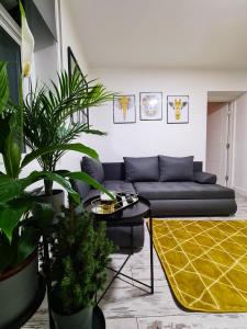 a living room with a blue couch and plants at Beautiful Apartment - up to 4 guests - Leicester City Centre . Free WIFI in Leicester
