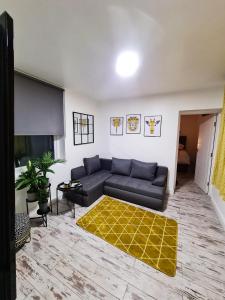 uma sala de estar com um sofá e um tapete amarelo em Beautiful Apartment - up to 4 guests - Leicester City Centre . Free WIFI em Leicester