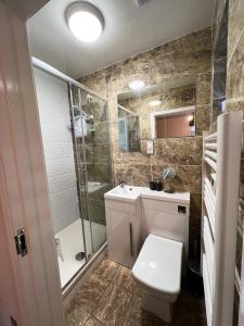 y baño con aseo, ducha y lavamanos. en Beautiful Apartment - up to 4 guests - Leicester City Centre . Free WIFI, en Leicester