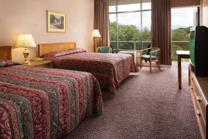 um quarto de hotel com duas camas e uma janela em Luray Caverns Motels em Luray
