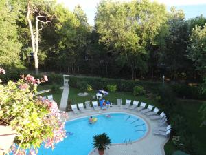 an overhead view of a swimming pool with chairs and trees at Hotel Playa Blanca in Duna Verde