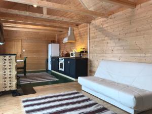 a living room with a couch and a kitchen at La noi la Munte in Mătişeşti
