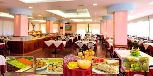 una caffetteria piena di tavoli pieni di cibo di Hotel Jadran a Lido di Jesolo