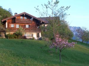 a large wooden house on a hill with a tree at Ferienwohnung im Lehnhäusl in Berchtesgaden