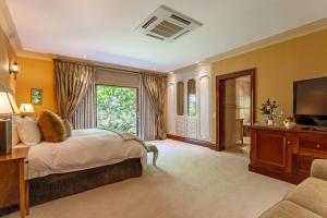 a bedroom with a large bed and a television at Lejwe La Metsi Private Reserve in Bela-Bela