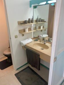 un bagno con lavandino e specchio di Black diamond condominium a Le Diamant