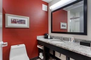 a bathroom with a toilet and a sink and a mirror at Comfort Inn & Suites near Stadium in Bronx