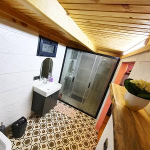 a bathroom with a shower and a white sink at SAPANCA MİNİK EVLER in Sapanca