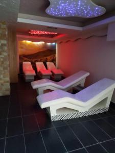 a waiting room with red chairs and a painting on the wall at Milmari - Breakfast and pool in Kopaonik