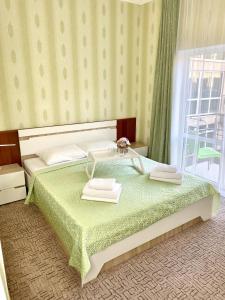 阿德列爾的住宿－Lotos Лотос，一间卧室配有一张床,上面有两条毛巾