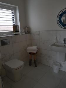 a bathroom with a toilet and a sink at Petite Anchorage in Christchurch