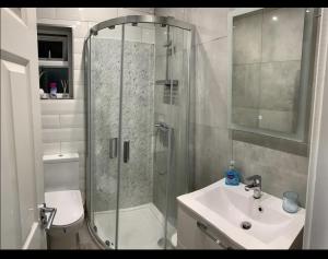 a bathroom with a shower and a toilet and a sink at Charming 2-Bed Apartment in London