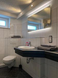 ein Badezimmer mit einem Waschbecken, einem WC und einem Spiegel in der Unterkunft Casa Wimmer in Allendorf an der Lumda