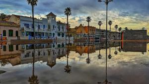 una ciudad con edificios y palmeras y un cuerpo de agua en Cute apartment, en Valencia