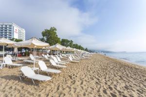 eine Reihe von Stühlen und Sonnenschirmen am Strand in der Unterkunft Astoria Hotel All Inclusive & Private Beach in Goldstrand